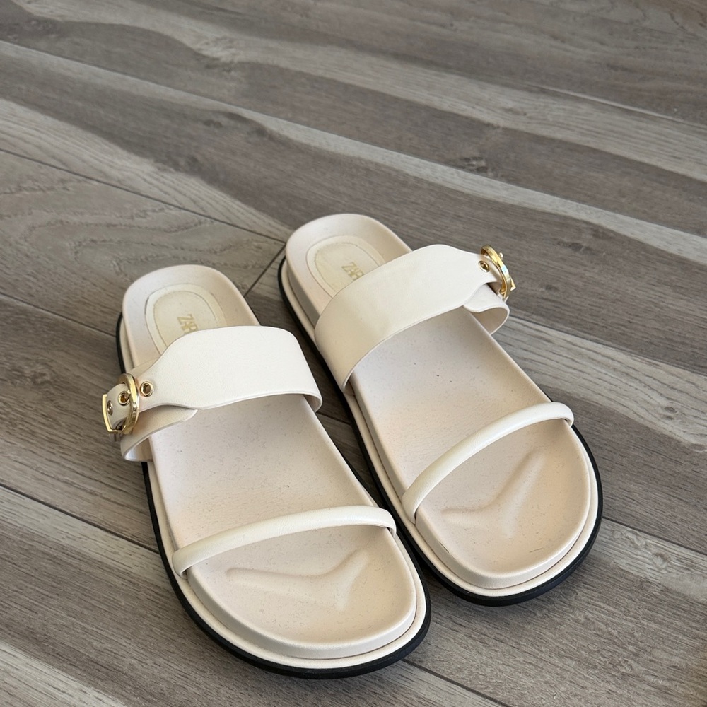 Zara Cream Slide Sandals with Gold Buckle - Women